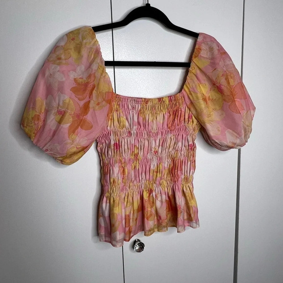 Louna Orange Floral Puff Sleeve Smocked Top - Size Small - Picture 3 of 8